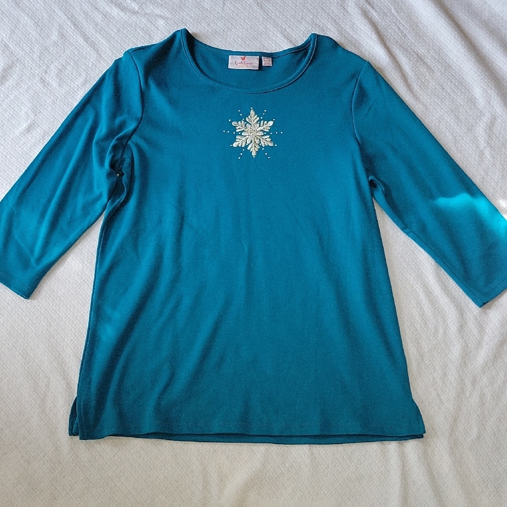 Quacker Factory QVC Teal Snowflake Top Medium